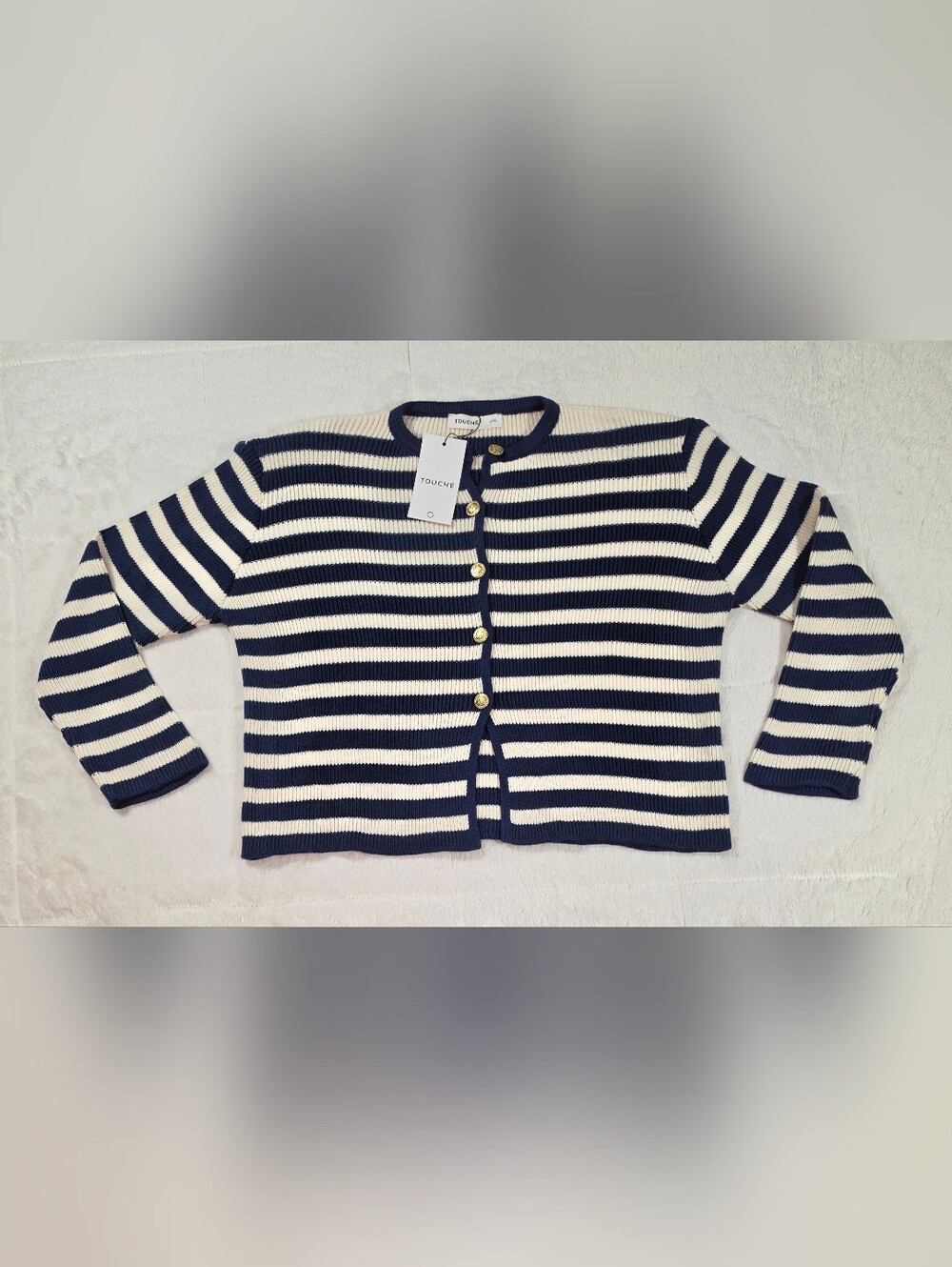 Striped Navy and Cream Button-Front Cardigan(FAI-02)